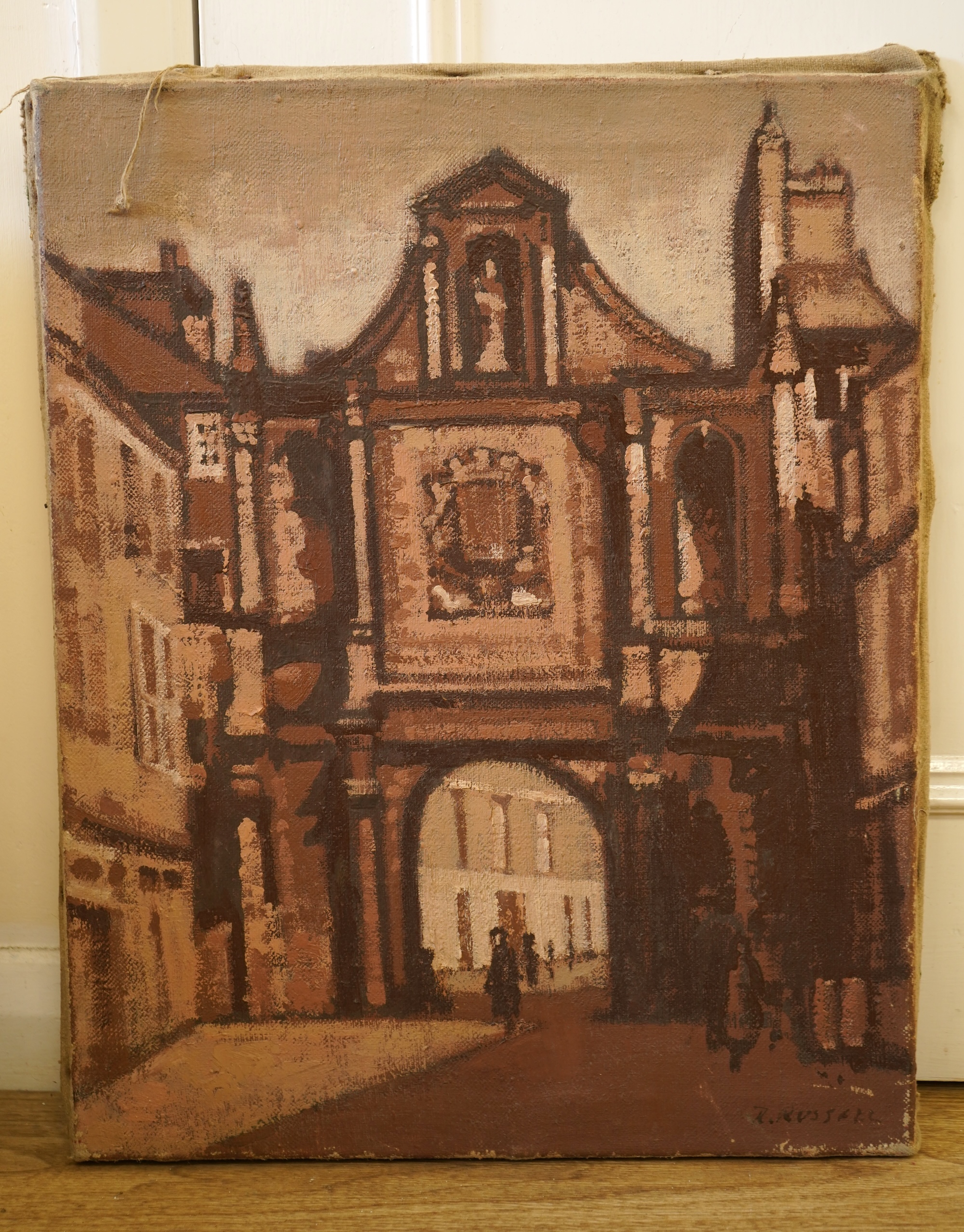Robert Russell (1902-1982), French street scene with figures, signed, oil on canvas, unframed, 51 x 40cm
